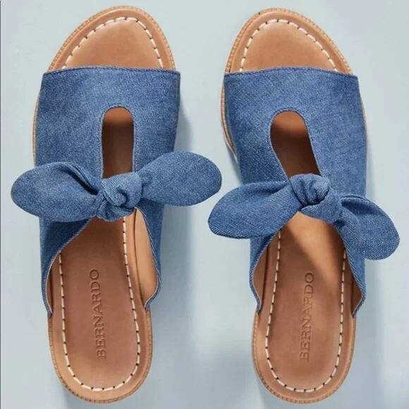Bernardo Alice Denim Bow Slide Sandals Slip-On Size 6 Coastal Boho Playful Fall - Picture 1 of 10